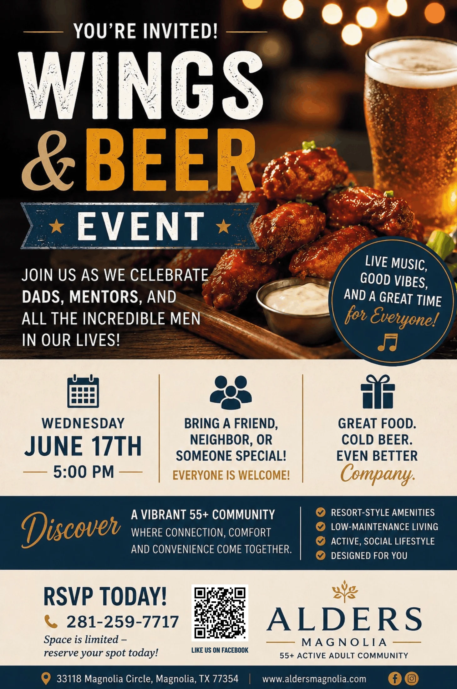 A promotional flyer for a Wings & Beer event featuring a plate of wings, a beer glass, and vibrant graphics. It includes event details like the date, time, and RSVP information.