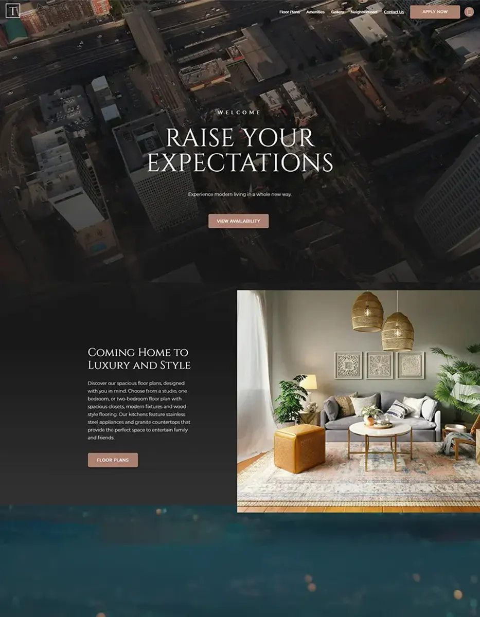 Luxury Apartment Website Design A sleek web design for a luxury apartment, featuring an elegant layout with a large headline and images of a modern living space.