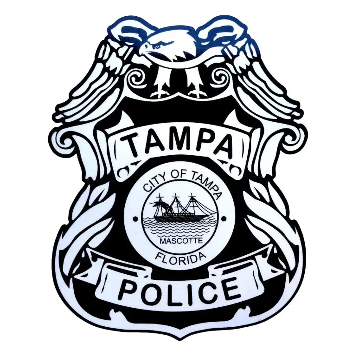 Tampa Police Badge featuring an eagle, ships, and decorative elements.