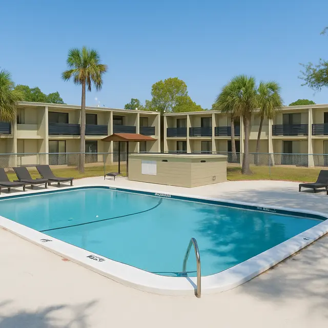 Hotel Pool Area A clear pool surrounded by lounge chairs in a sunny outdoor area near buildings with balconies.