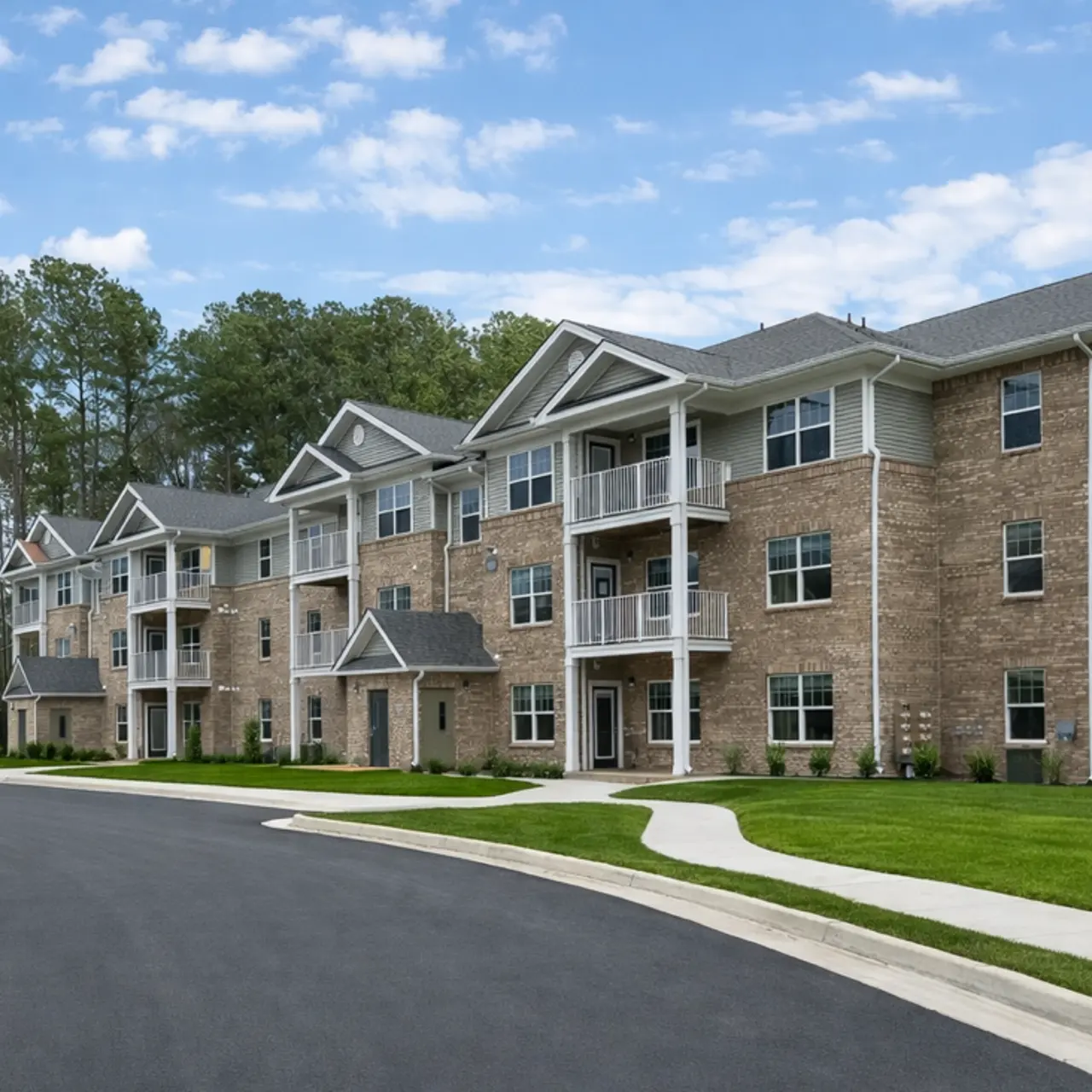 A modern apartment complex featuring several brick buildings with multiple balconies, alongside a curving road and green lawn, under a blue sky with some clouds.
