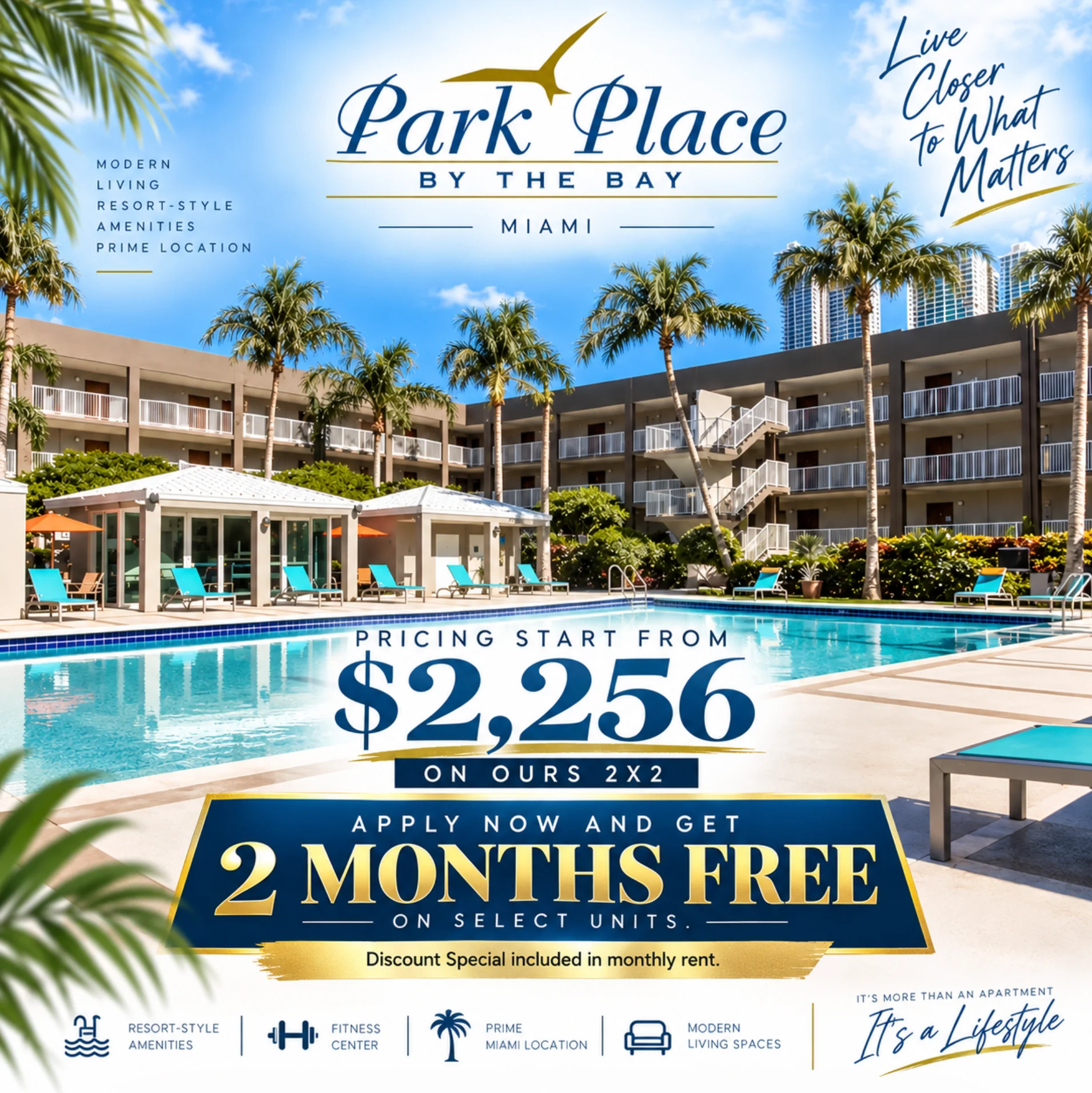 Promotional flyer for Park Place by the Bay in Miami featuring a pool and resort-style amenities.