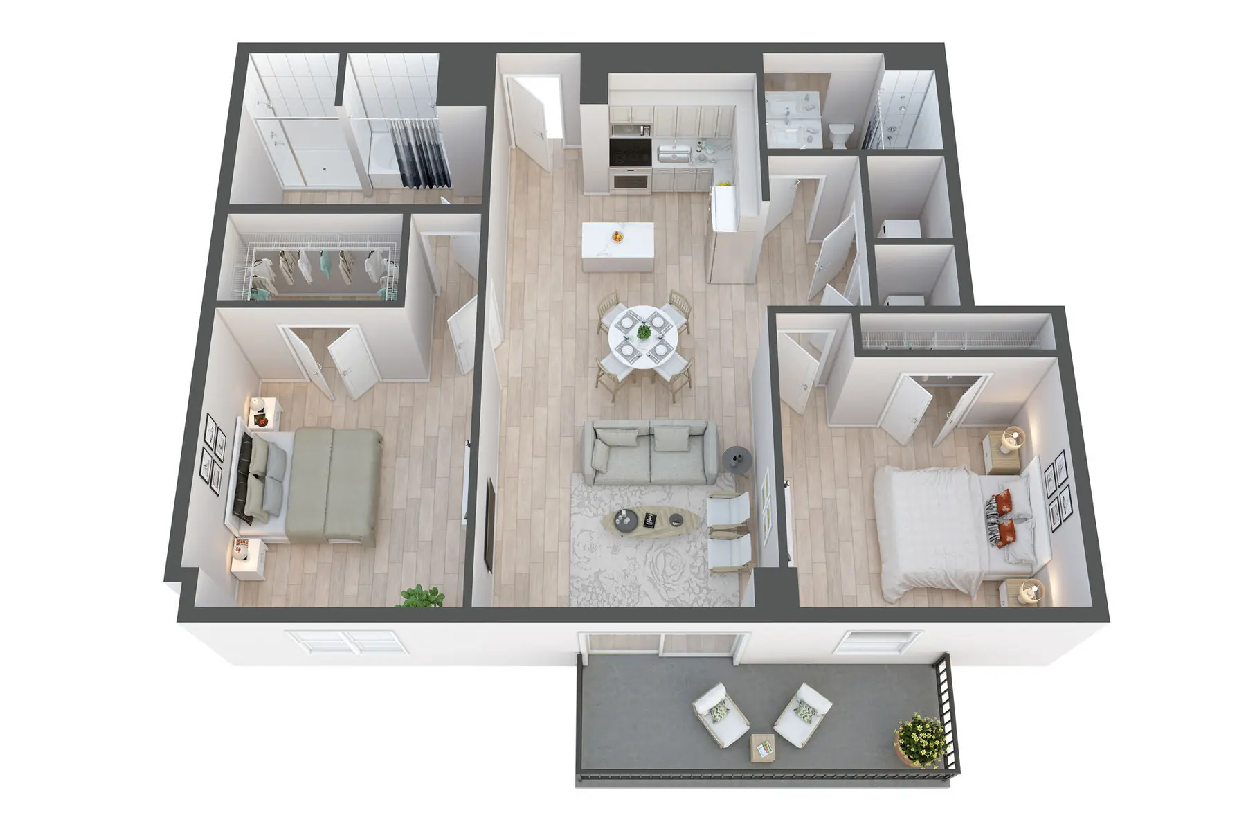 A top-down view of a modern apartment layout featuring two bedrooms, a living area, a kitchen, and a small outdoor balcony.