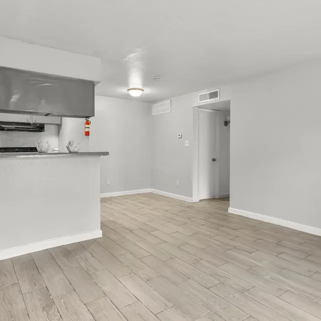 An empty apartment interior showcasing a modern kitchen and a spacious living area with light wood flooring.
