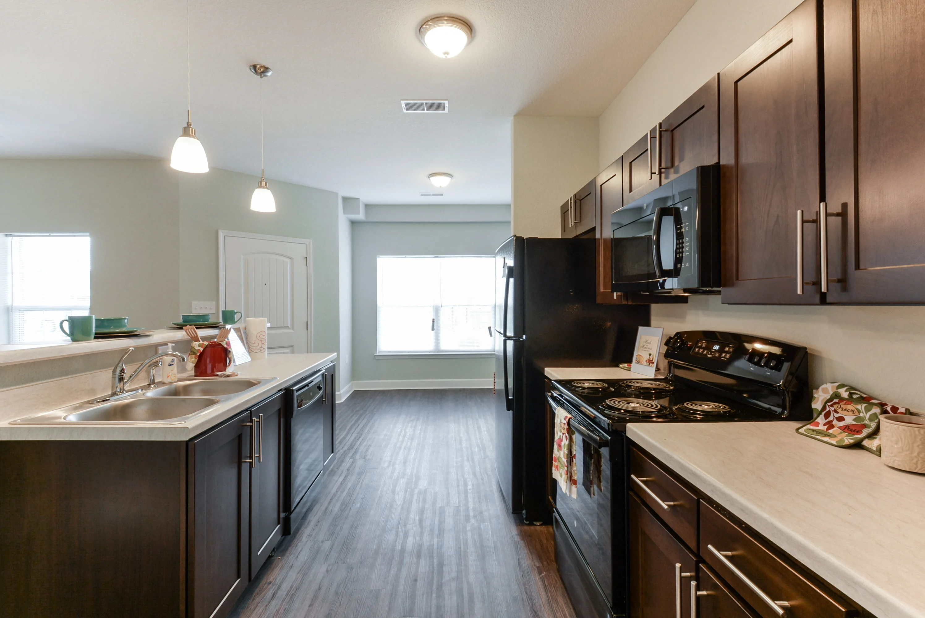 A modern kitchen with dark wood cabinets, stainless steel appliances, and a large window providing natural light.