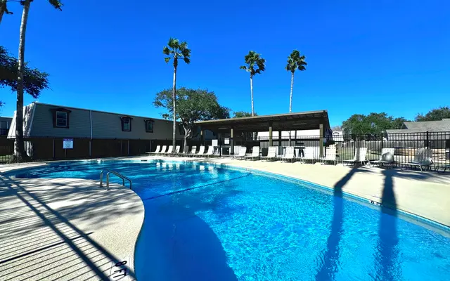 Swimming Pool Area A serene swimming pool area surrounded by palm trees, featuring lounge chairs and a shaded pavilion.