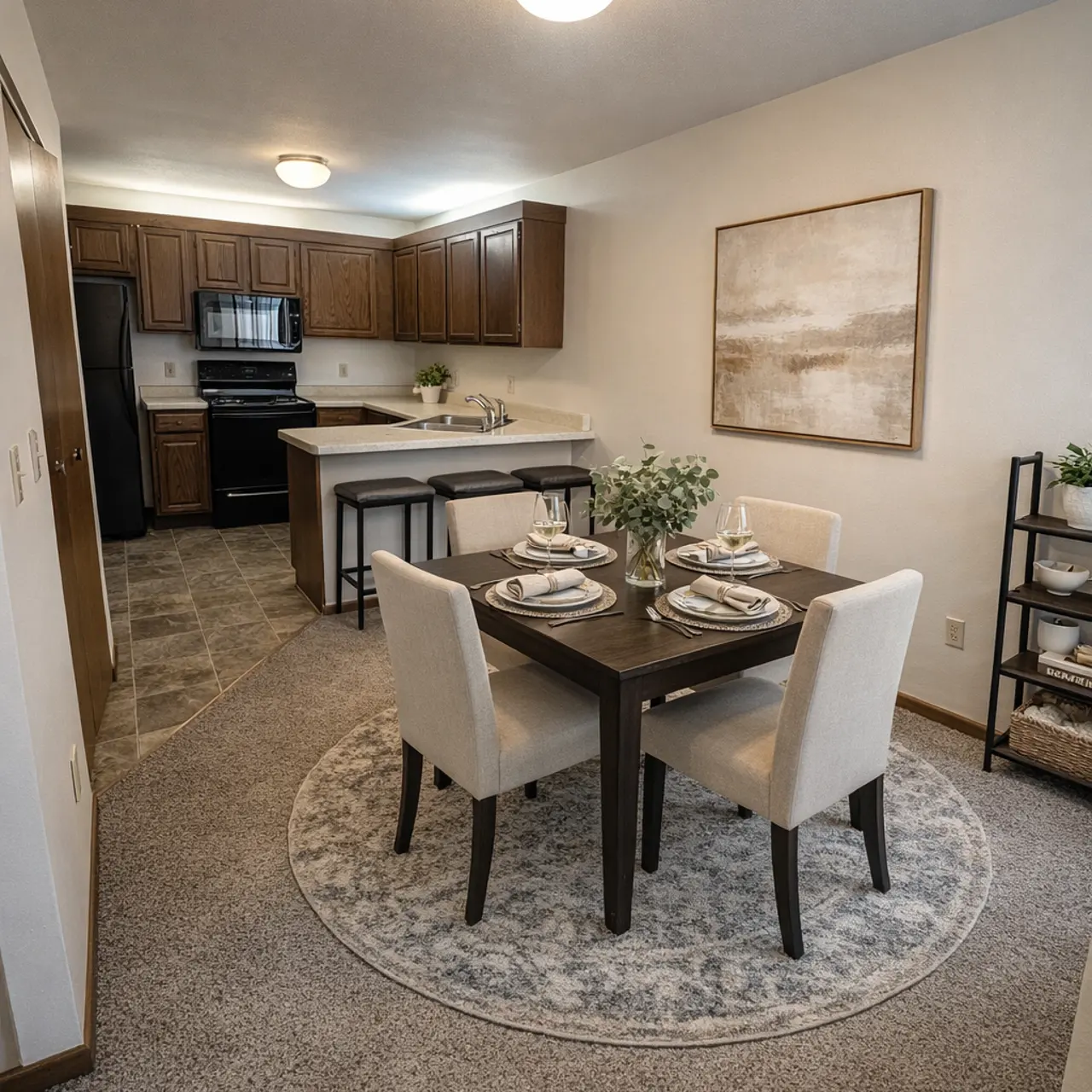 A cozy kitchen dining area featuring a round dining table with four beige chairs, set with plates and utensils. The kitchen has wooden cabinets, black appliances, and a light gray carpet. A small plant centerpiece decorates the table, and there is a round rug under the table.