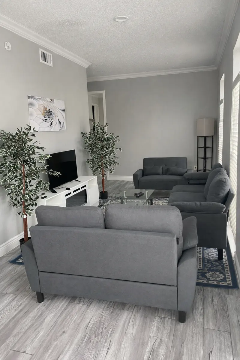 A modern living room featuring gray sofas, a television stand, and decorative plants.