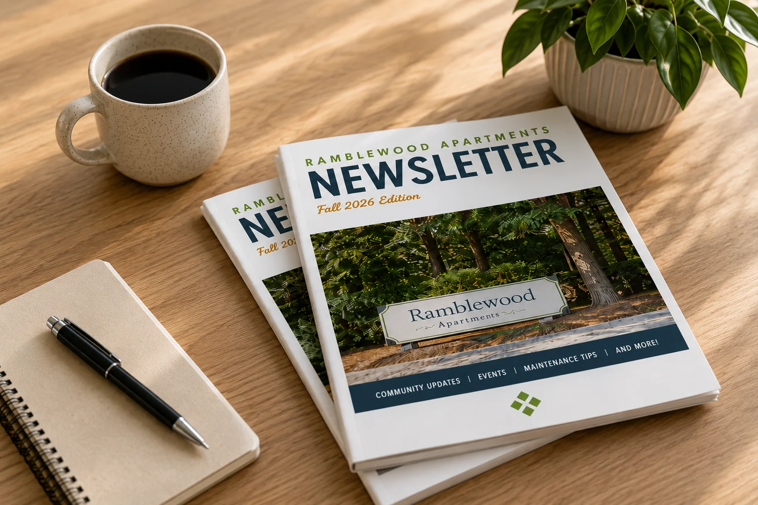 Ramblewood Apartments Fall Newsletter 2026 Two newsletters titled 'Ramblewood Apartments Newsletter' next to a cup of coffee and a notebook on a wooden desk.
