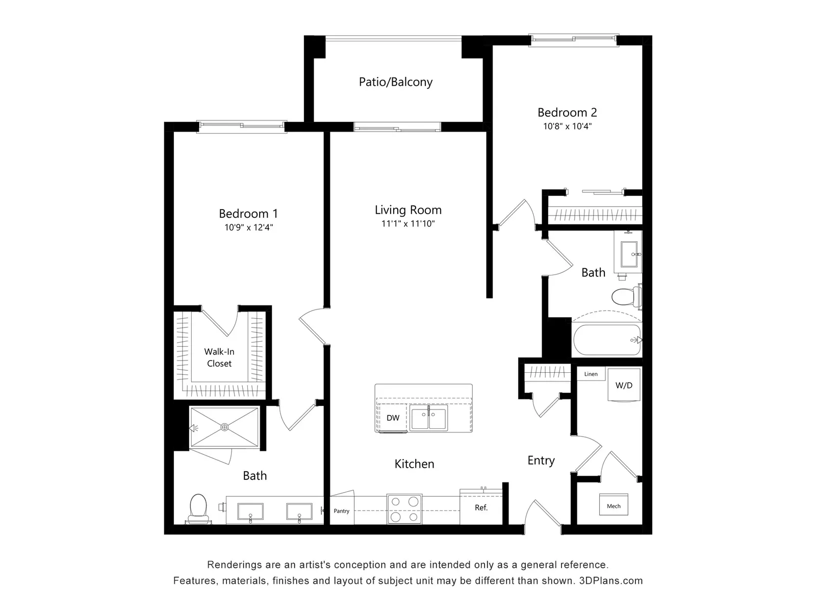 Two-Bedroom Apartment Floor Plan A black and white floor plan of a two-bedroom apartment featuring a kitchen, living room, two bathrooms, and a patio/balcony.