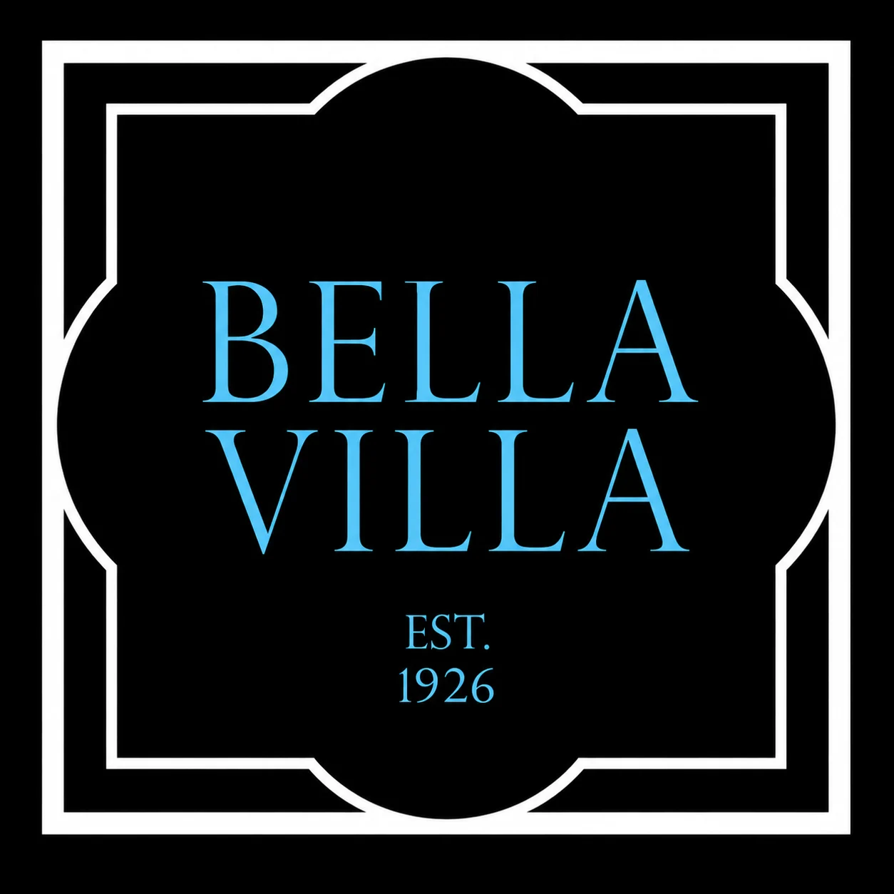 Bella Villa Logo Logo for Bella Villa, established in 1926, featuring elegant typography in blue on a black background within a decorative white border.