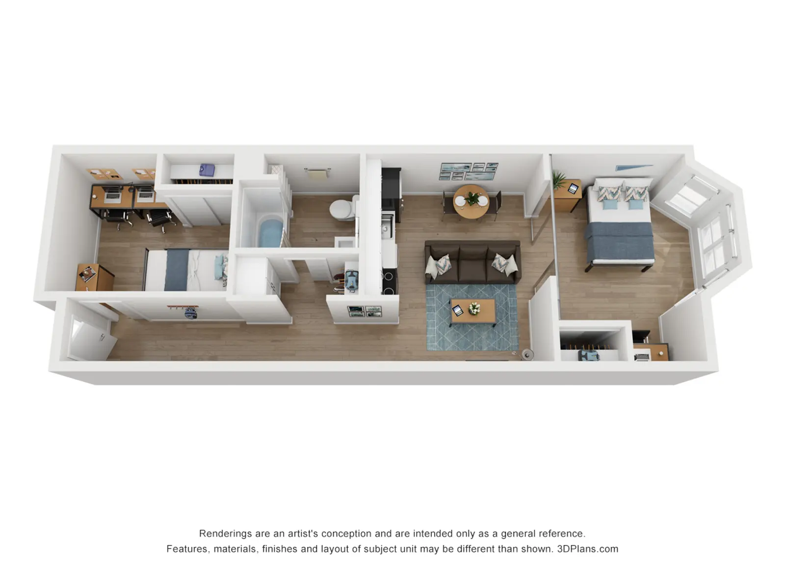 A top-view floor plan of a modern apartment featuring a living room, kitchen, bathroom, and two bedrooms. The layout includes furniture placements and offers a clear organization of space.