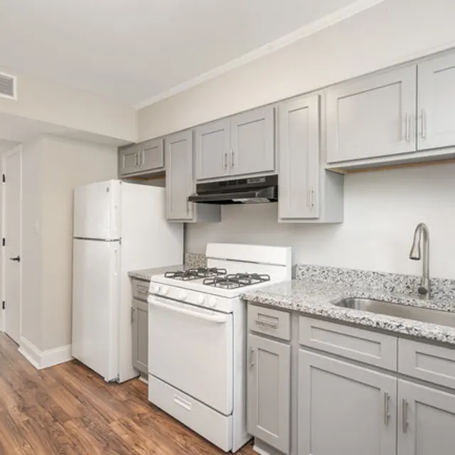 A modern kitchen featuring gray cabinetry, a white stove, and a sink with a granite countertop. The kitchen has a white refrigerator and hardwood-style flooring.