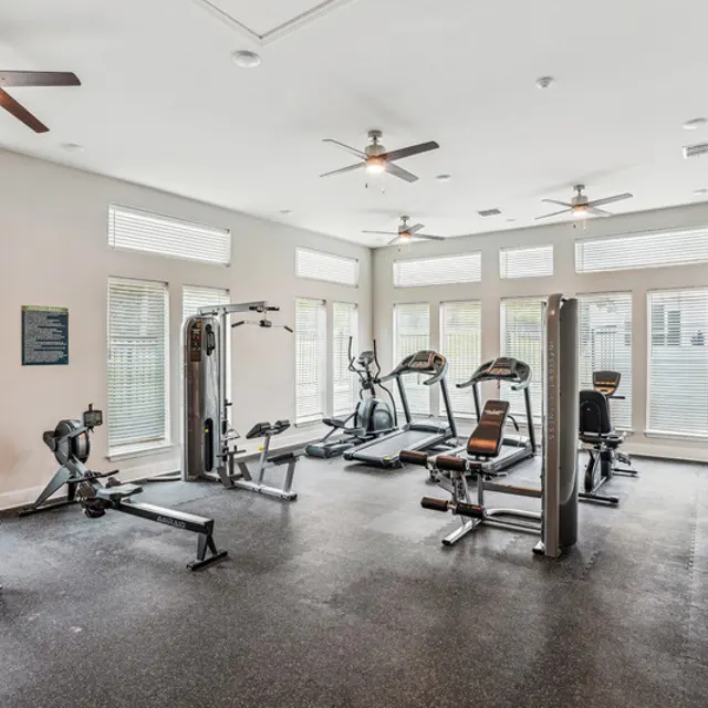 A spacious and well-lit gym with multiple workout stations and windows allowing natural light.