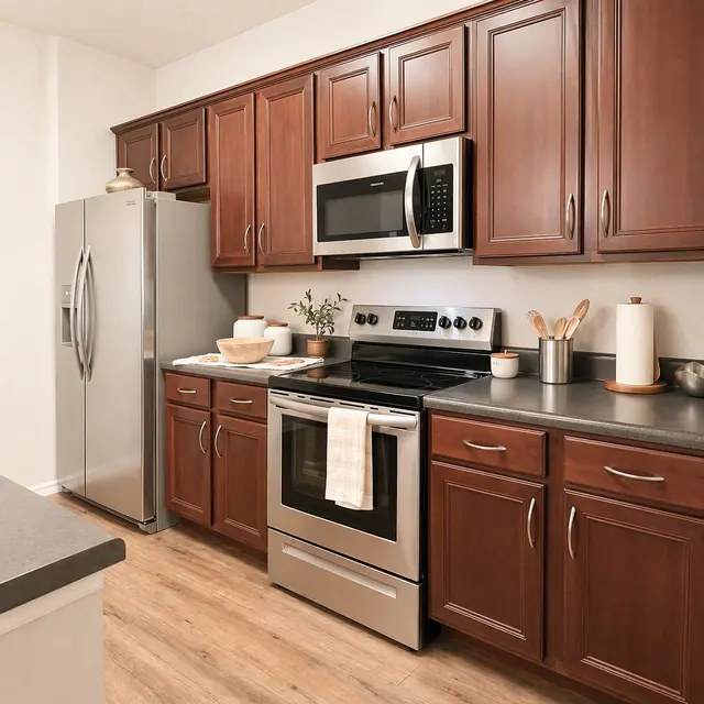 A modern kitchen featuring dark wood cabinets, stainless steel appliances, and a countertop with kitchen utensils and decorative plants.