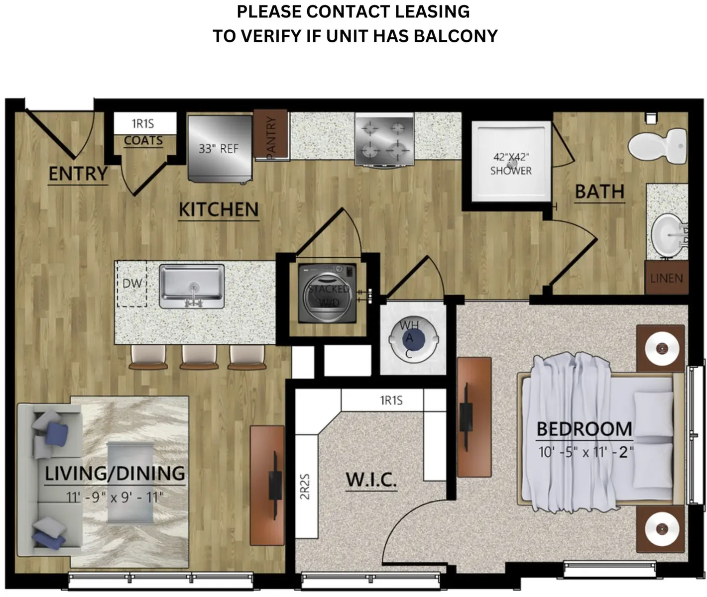 A layout of an apartment featuring an entry, kitchen, living/dining area, bathroom, and bedroom with a walk-in closet.