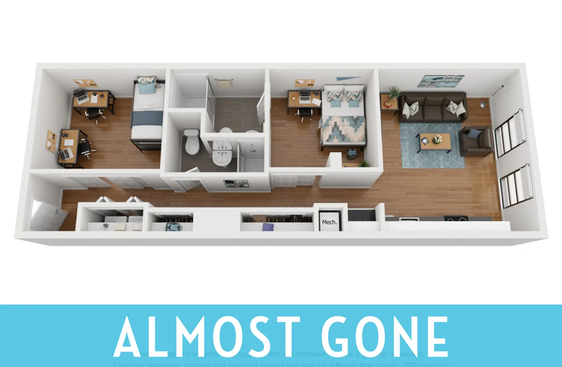 An overhead view of an apartment floor plan showing two bedrooms, a bathroom, and a living area.