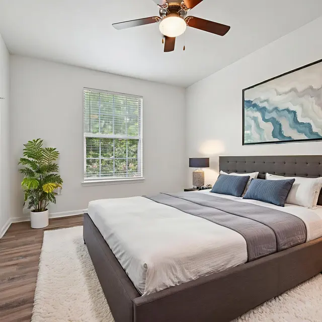 A modern bedroom featuring a large bed with blue and gray bedding, a ceiling fan, and a large window with natural light. The room is complemented by a medium-sized plant and a sleek TV cabinet.