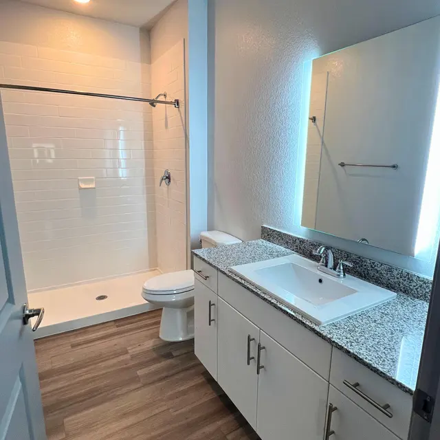 A modern bathroom featuring a spacious walk-in shower, a white toilet, and a sleek vanity with a granite countertop and a large mirror.