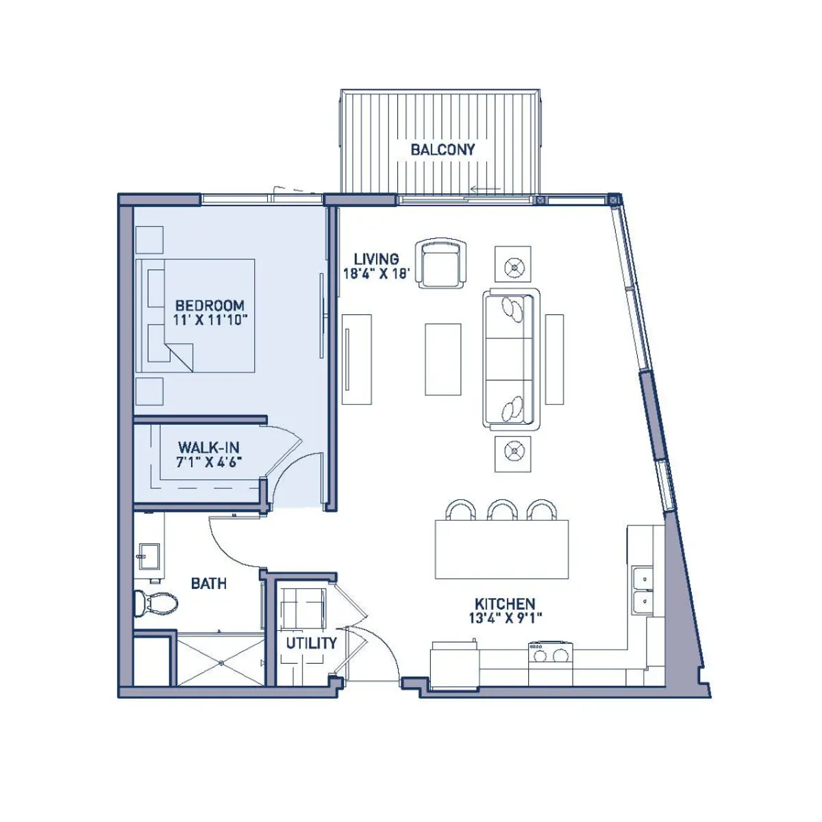 One-Bedroom Apartment Floor Plan A floor plan of a one-bedroom apartment featuring a bedroom, living area, kitchen, bath, utility space, and balcony.
