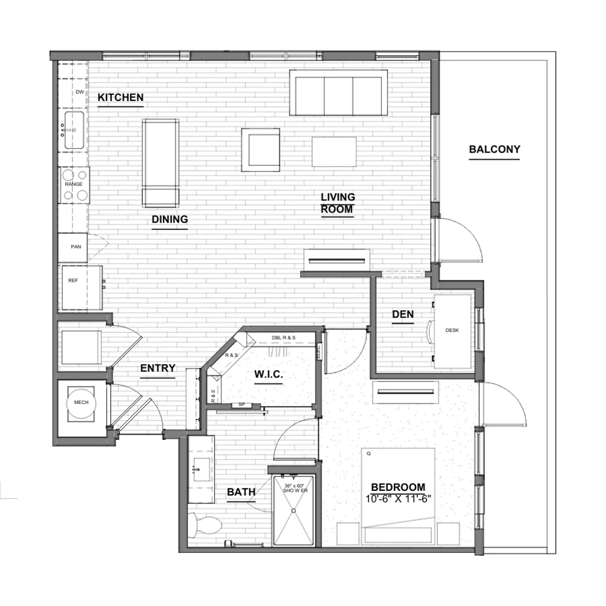 Floor plan of an apartment layout featuring a kitchen, dining area, living room, den, bedroom, bath, and balcony.