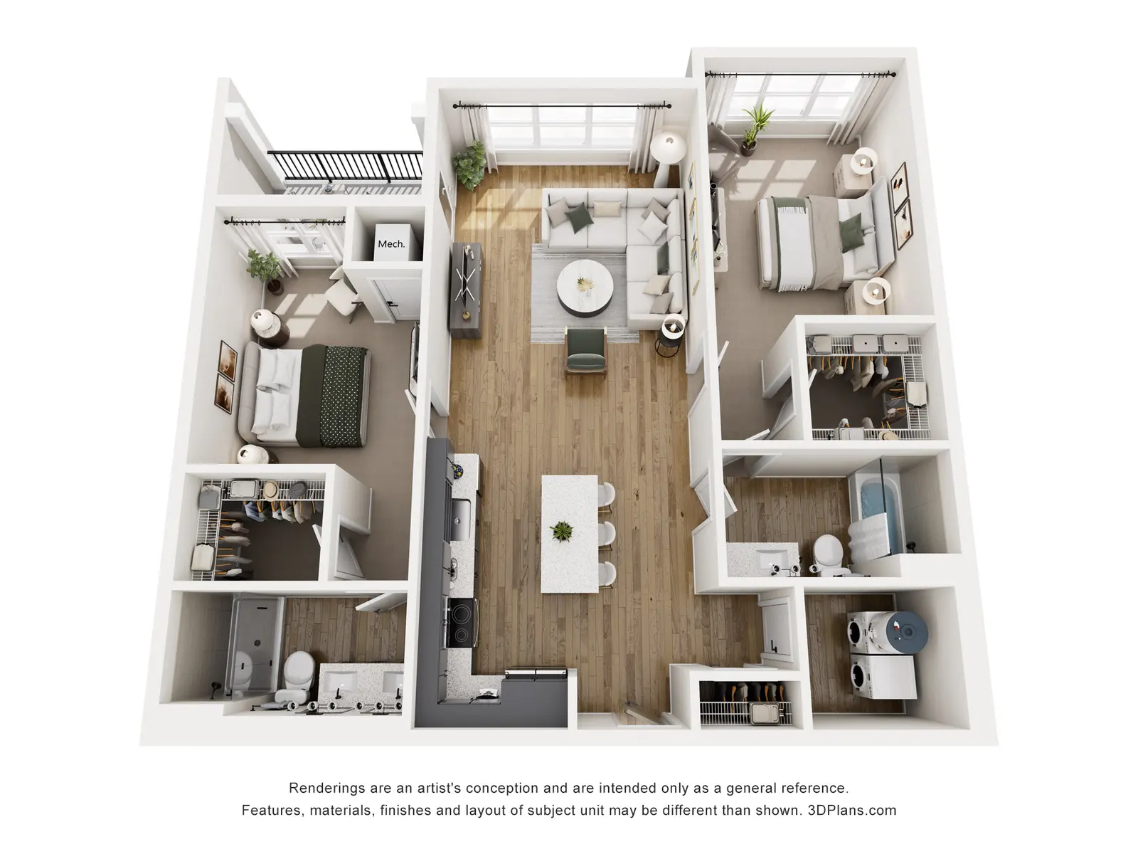 Aerial view of a modern apartment floor plan featuring living area, kitchen, and multiple bedrooms.