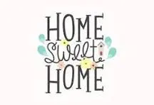 Decorative text design featuring the phrase 'Home Sweet Home' with floral elements and a small house icon.