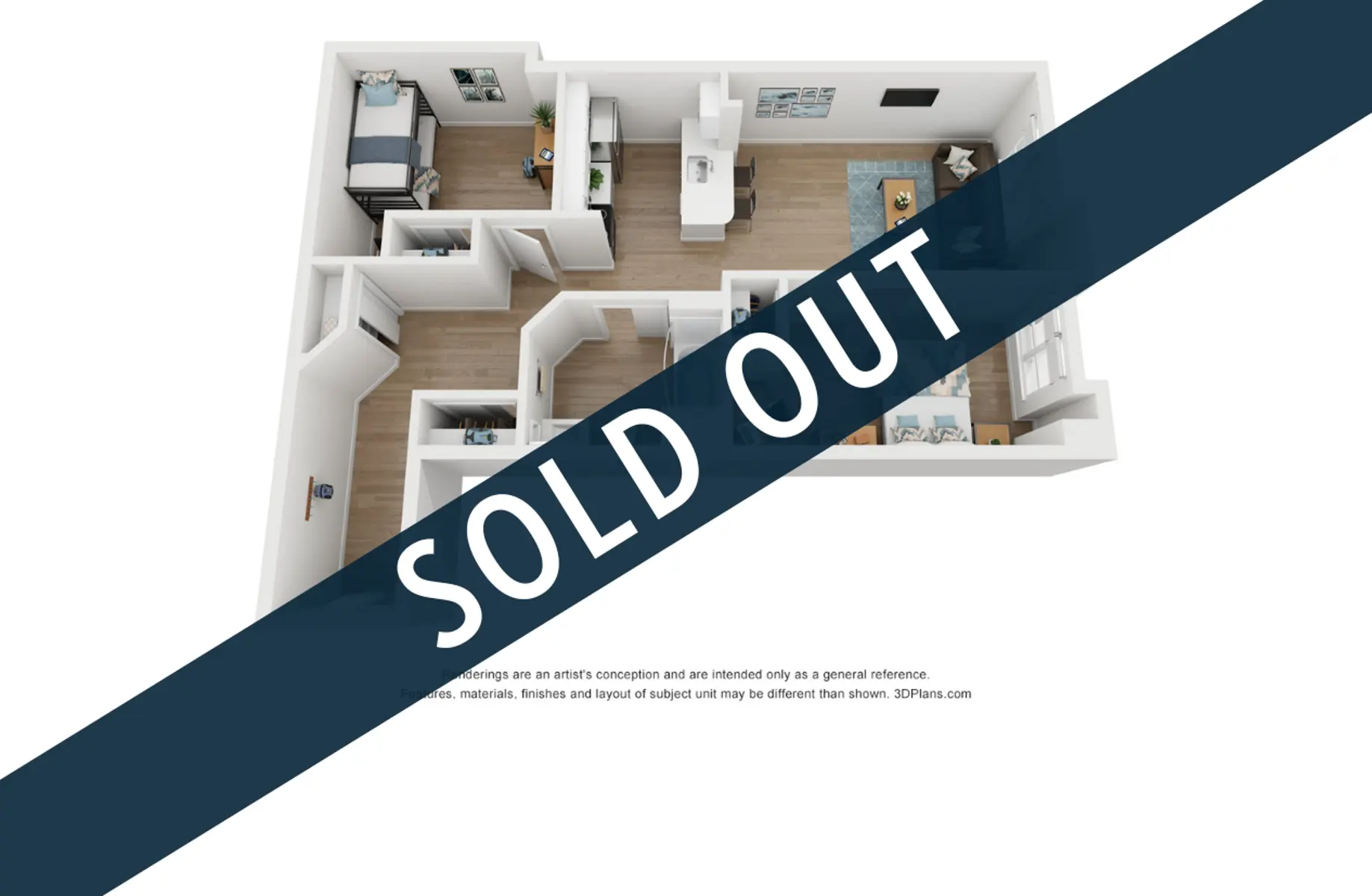 3D layout of a modern apartment with rooms labeled, overlayed with 'SOLD OUT' text