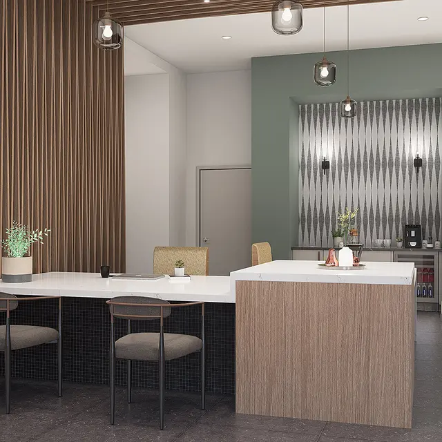 Modern kitchen with wooden accents and a large island counter