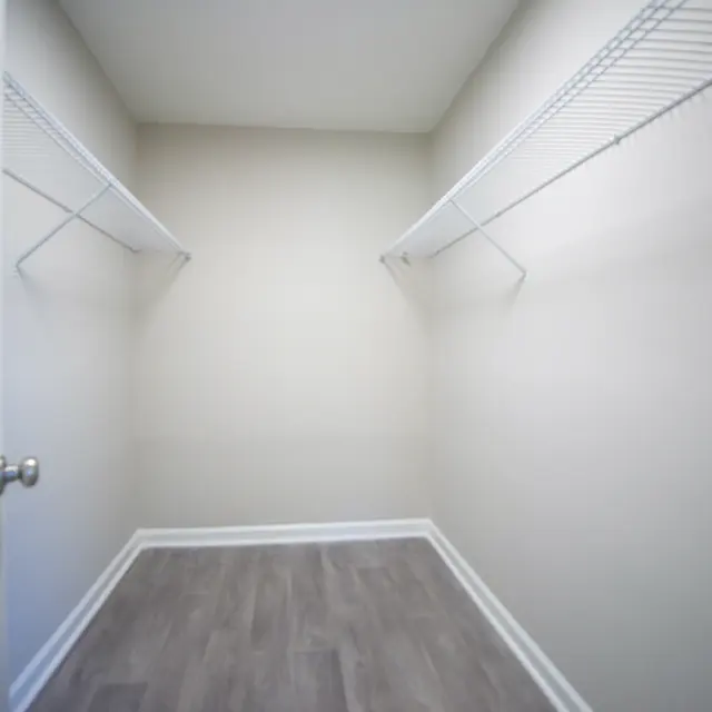 A vacant closet with two wire shelves on opposite walls and a wooden floor, illuminated by soft light.
