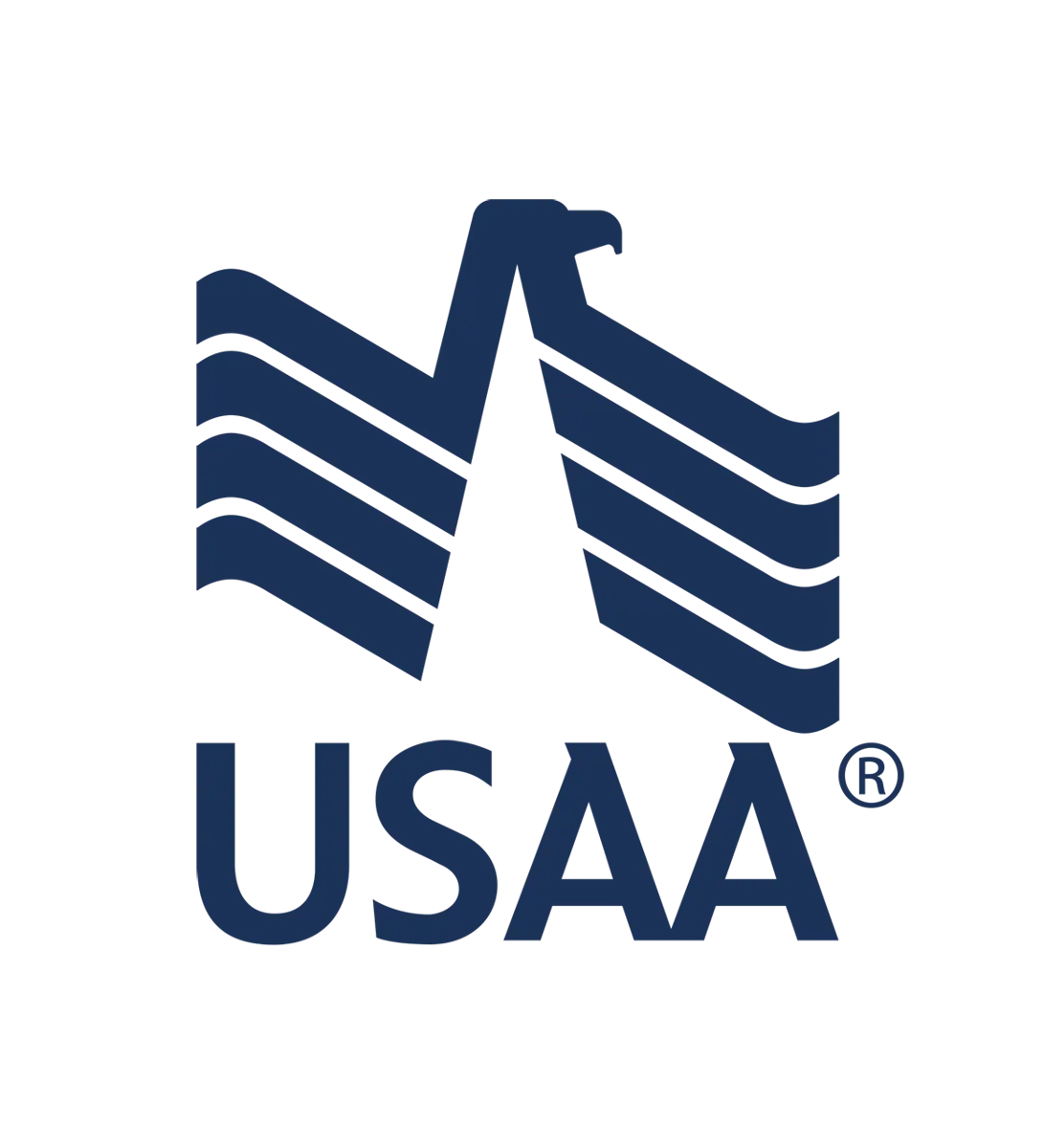 USAA logo featuring abstract eagle and wave elements in dark blue color.