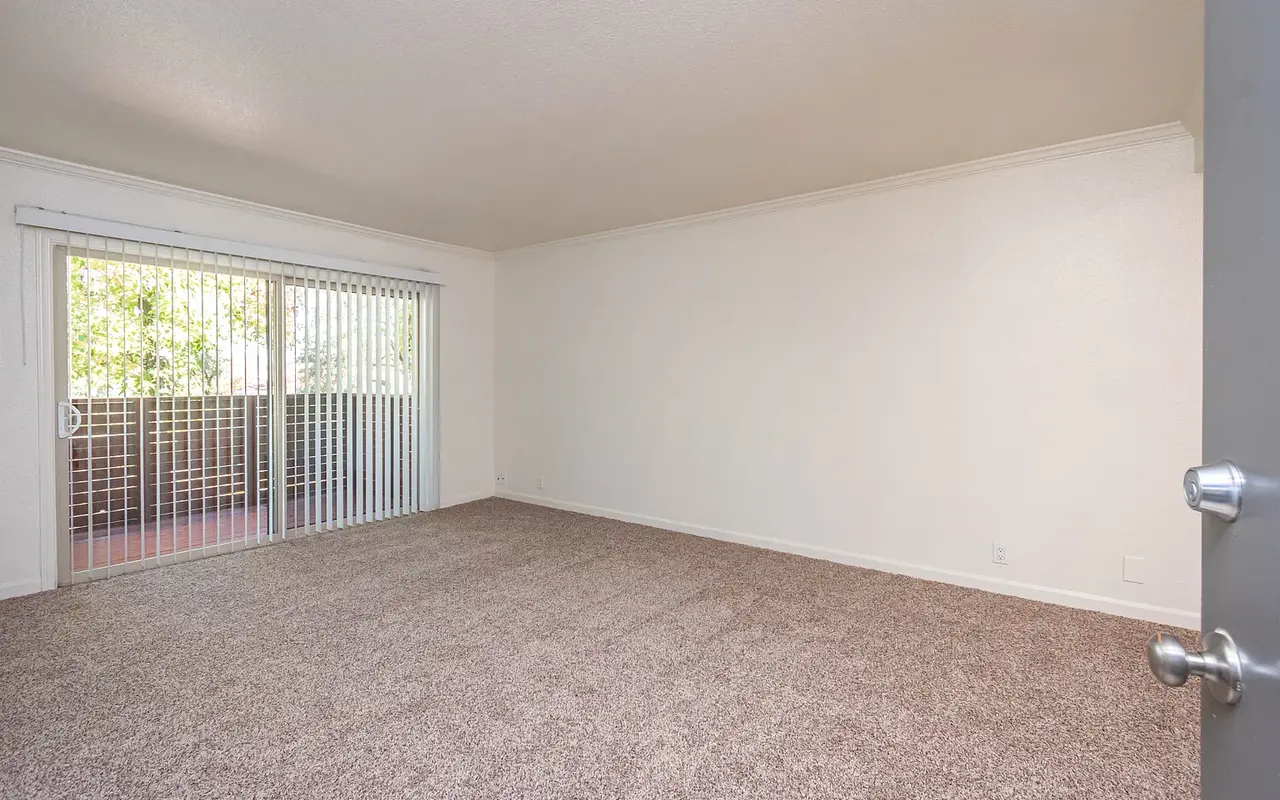 A spacious empty room with light beige carpet and a white wall. Large sliding glass doors with vertical blinds provide access to a balcony, allowing natural light to enter the space.