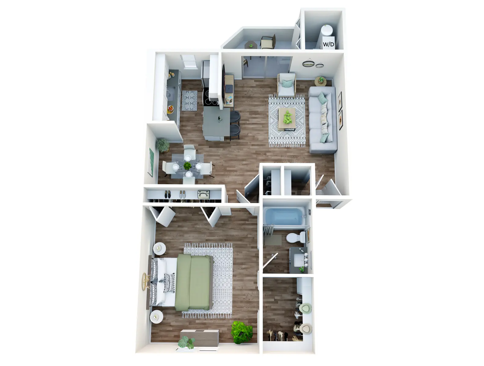 A top-down view of a two-bedroom apartment layout featuring a living area, kitchen, dining space, and two bedrooms with bathrooms.