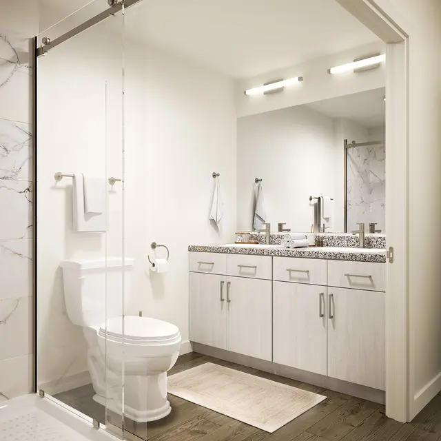 A modern bathroom featuring a glass shower, a toilet, and a double-sink vanity with a granite countertop. There are white towels hanging and the floor is decorated with a simple rug.