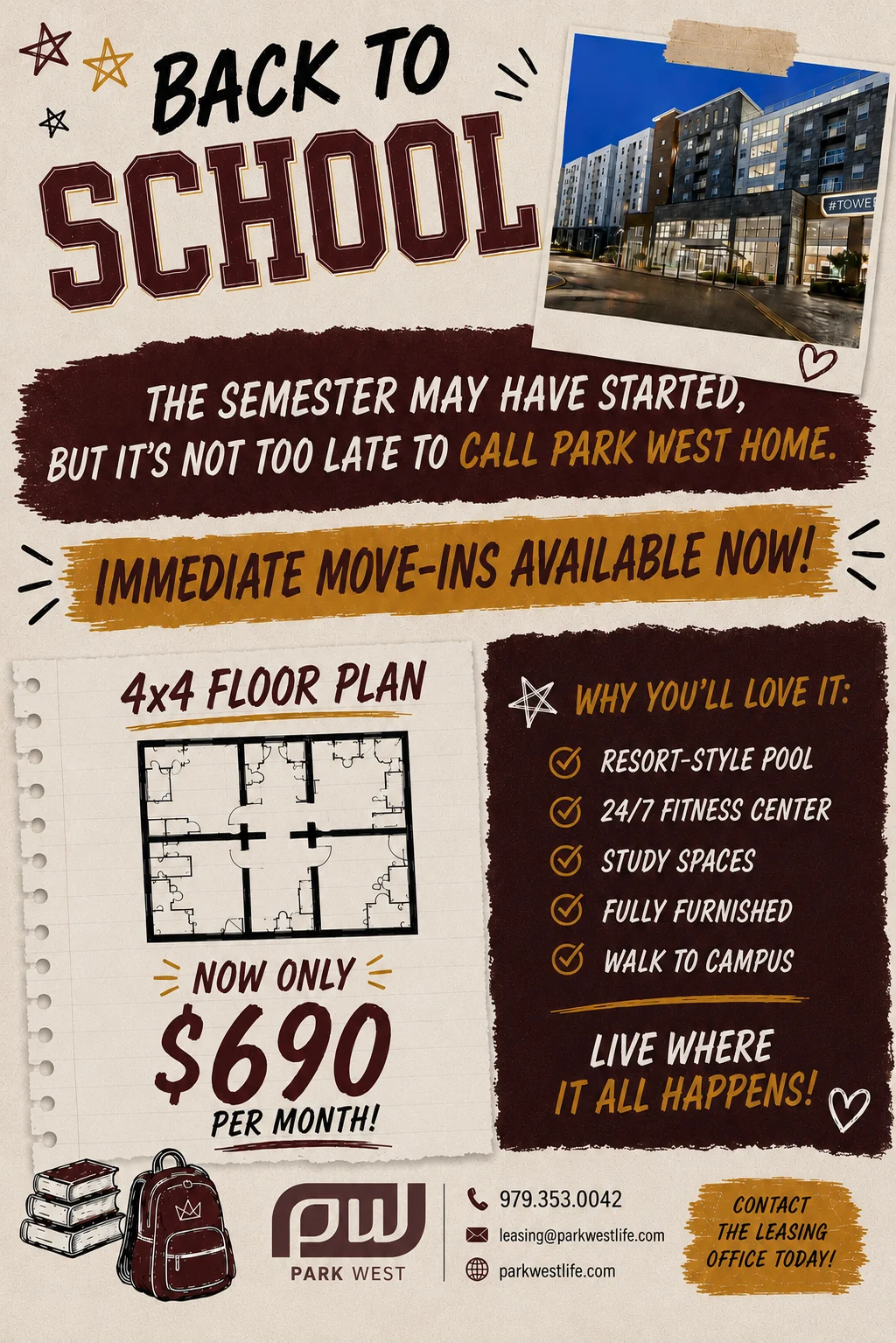 Promotional flyer for Park West with details about housing options, pricing, and amenities.