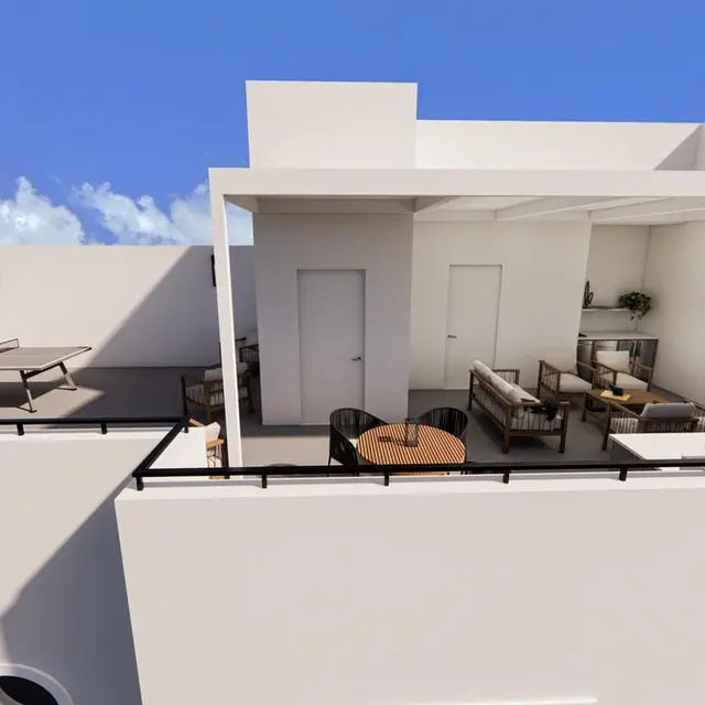 A modern rooftop terrace featuring sleek outdoor furniture, a table, and potted plants under a clear blue sky.