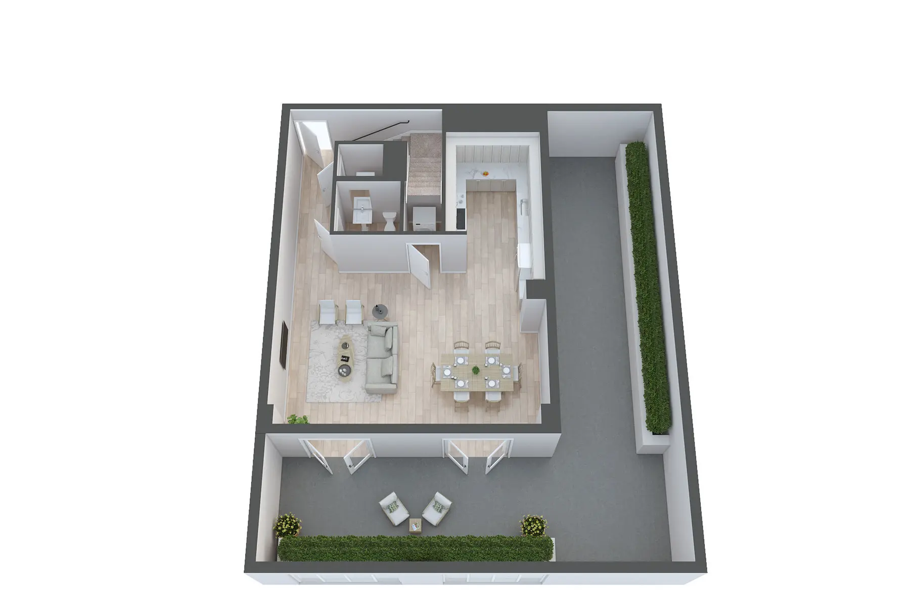 Modern Apartment Floor Plan A 3D floor plan of a modern apartment featuring an open living and dining area, a kitchen, and outdoor space. The living area contains a sofa and a coffee table while the dining area has a round table with chairs. There are two bedrooms and a bathroom visible in the layout.