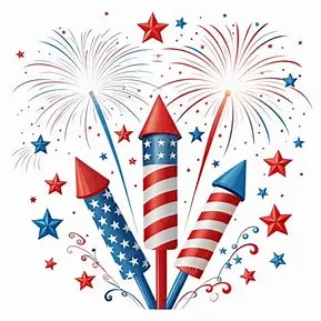 Illustration of four colorful fireworks rockets in red, white, and blue with stars and sparkles.